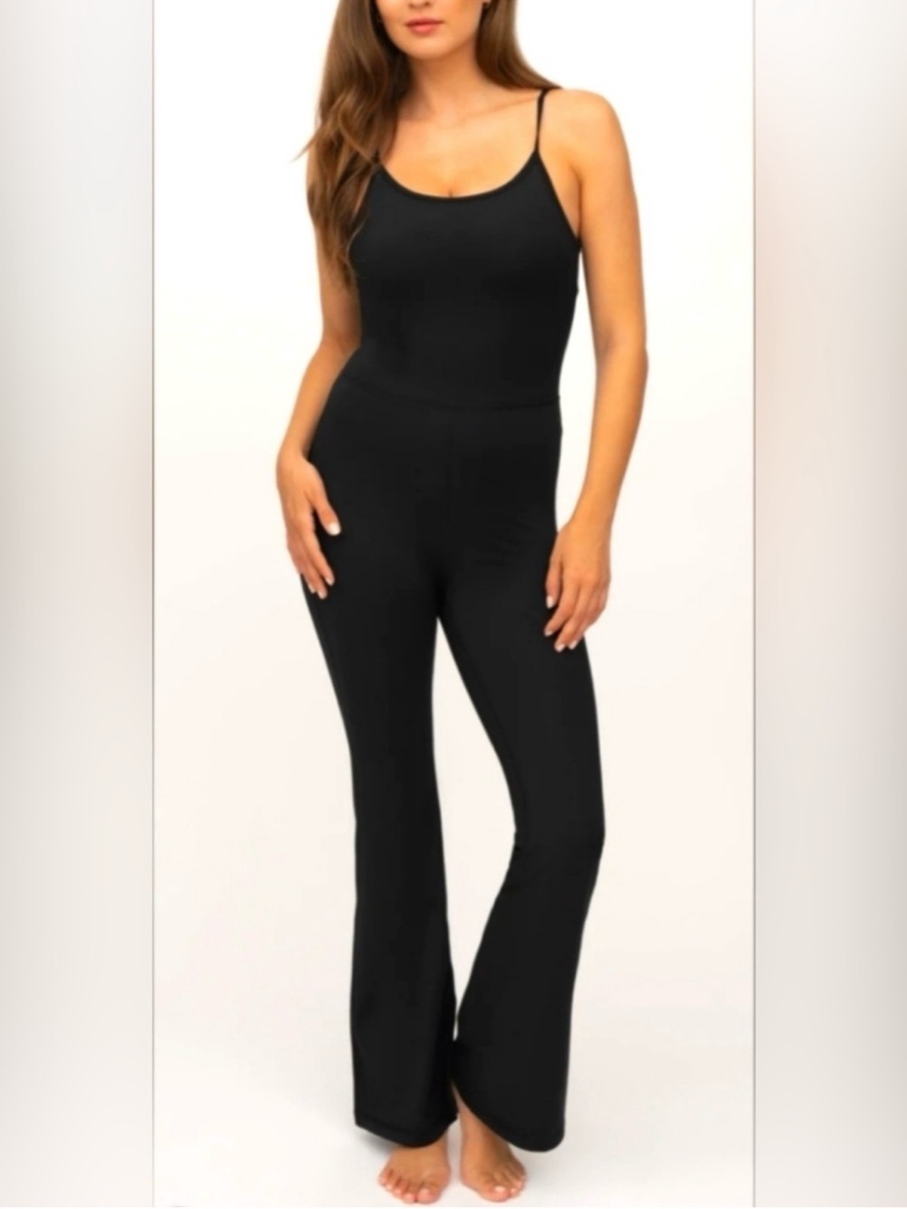 NWT yogalicious lux illusion rib flare jumpsuit built in bra black size medium